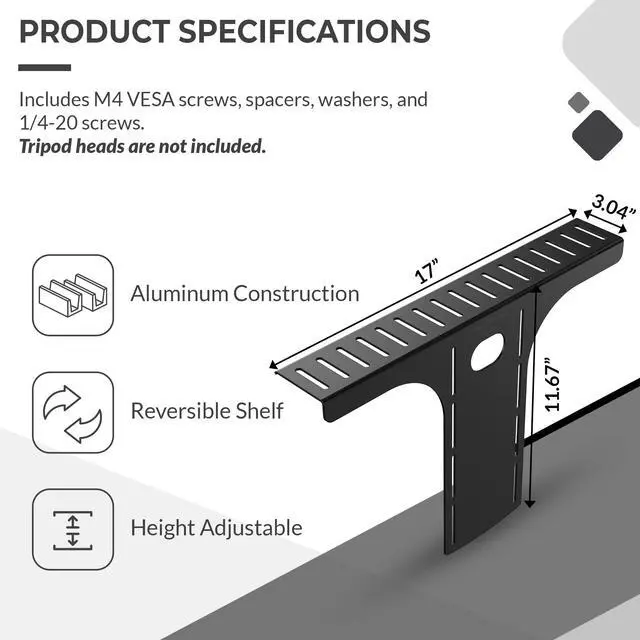 Alt view image 4 of 7 - DSLR Monitor Mount Large, Desk Camera Mounting, Light Webcam, Microphone Shelf for Monitor VESA Arm, Replace Clamp Tripods, 100x100mm Patterns, Aluminum, Hardware Included