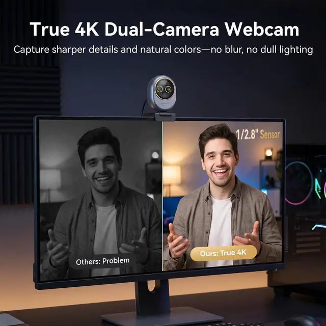 Alt view image 2 of 7 - Piko Dual-Camera 4K Webcam for Streaming, Wide-Angle & Telephoto Cameras, Max 11X Hybrid Zoom, 0.2s Autofocus, Remote Control, 3 Mics, Panda Privacy Cover, USB C-C&C-A, for Streaming/Work/Study
