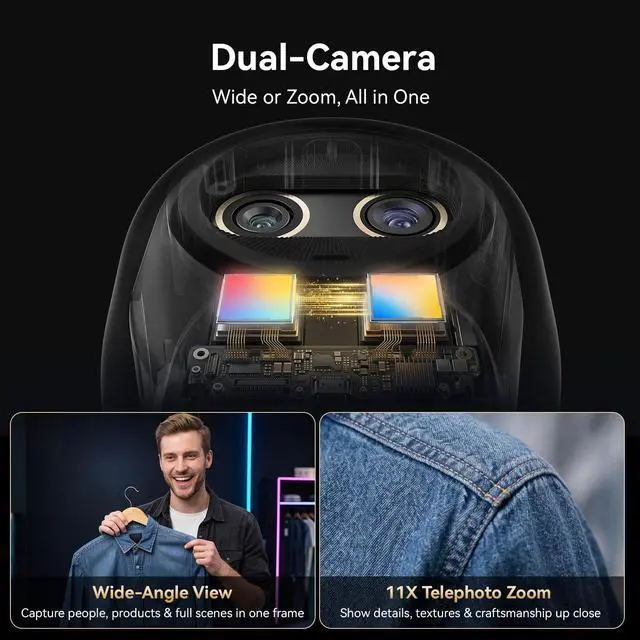 Alt view image 3 of 7 - Piko Dual-Camera 4K Webcam for Streaming, Wide-Angle & Telephoto Cameras, Max 11X Hybrid Zoom, 0.2s Autofocus, Remote Control, 3 Mics, Panda Privacy Cover, USB C-C&C-A, for Streaming/Work/Study