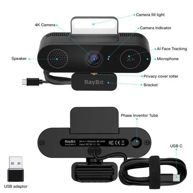 Alt view image 7 of 7 - 5-in-1 Design 4K Webcam with Speaker and Microphone, Built-in Light, Privacy Cover, AI Auto-Framing Cam, Computer USB C Web Camera for PC, Desktop, Laptop, Mac, Streaming, Video Conference