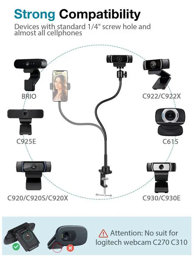 Alt view image 2 of 7 - Webcam Stand Gooseneck Camera Arm Stands Desk Mount Phone Holder