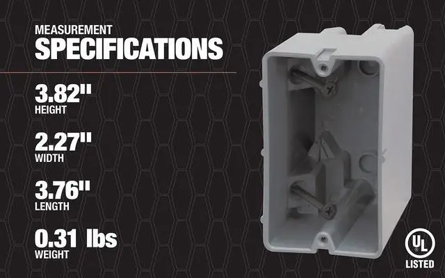 Alt view image 3 of 7 - Electrical Box for Lighting Fixture, 50lb Ceiling Fan and 75lb Light Fixture Support, 22.5Cu with Depth Adjustment, 1 Gang, Gray, MSB22+