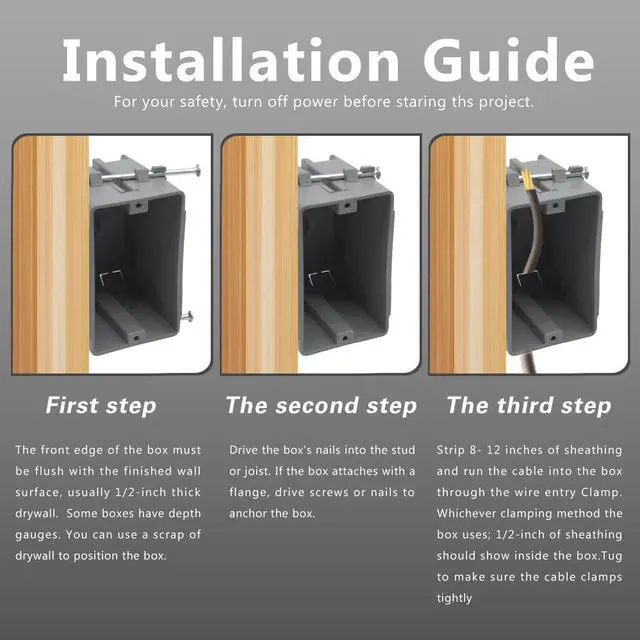 Alt view image 3 of 6 - 1-Gang PVC New Work Outlet Box,18 Cubic Inch Switch Box,Gray New Work Electrical Nail Outlet Box,ETL Listed to UL514C and UL263,AWG for 9/14,8/12,7/10(1Pack)