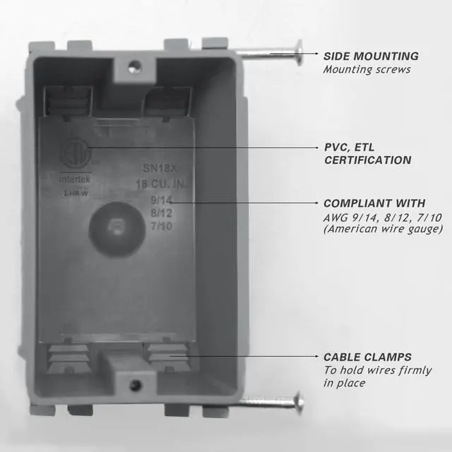 Alt view image 5 of 6 - 1-Gang PVC New Work Outlet Box,18 Cubic Inch Switch Box,Gray New Work Electrical Nail Outlet Box,ETL Listed to UL514C and UL263,AWG for 9/14,8/12,7/10(1Pack)