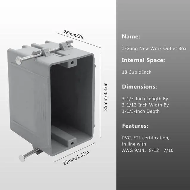 Alt view image 4 of 6 - 1-Gang PVC New Work Outlet Box,18 Cubic Inch Switch Box,Gray New Work Electrical Nail Outlet Box,ETL Listed to UL514C and UL263,AWG for 9/14,8/12,7/10(1Pack)