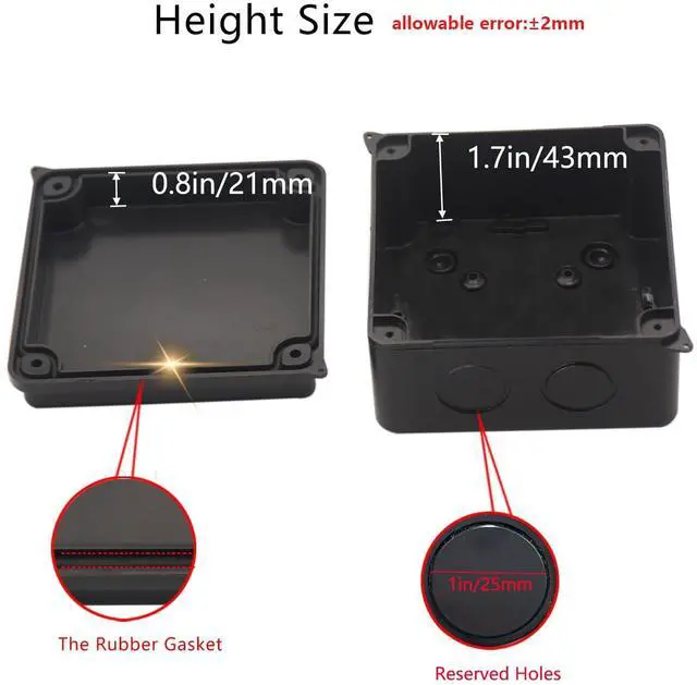 Alt view image 3 of 7 - Outdoor Waterproof Box,Junction Box Reserved Holes IP65 ABS Plastic Electrical Boxes Power Cord Enclosure Project Box Black Outer Size 3.9 x 3.9 x 2.8 inch(100x100x70mm)