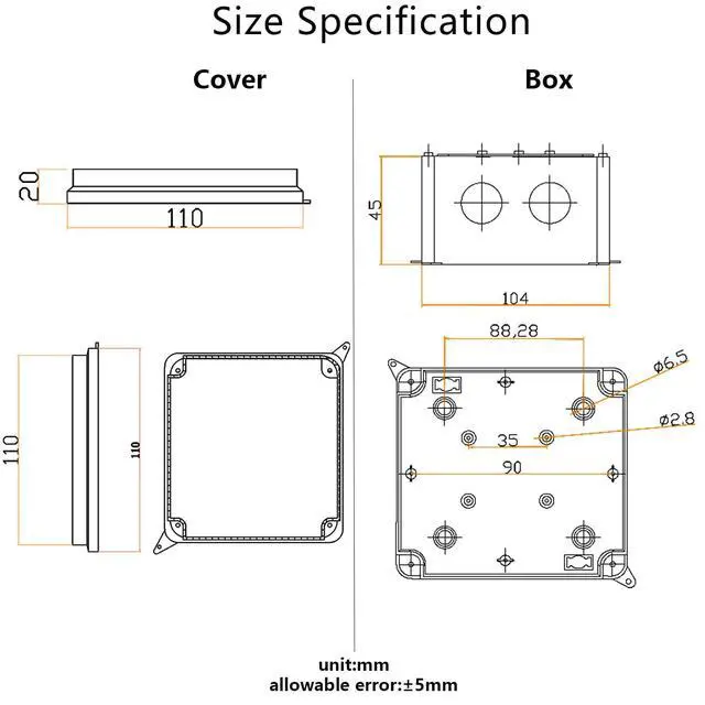 Alt view image 5 of 7 - Outdoor Waterproof Box,Junction Box Reserved Holes IP65 ABS Plastic Electrical Boxes Power Cord Enclosure Project Box Black Outer Size 3.9 x 3.9 x 2.8 inch(100x100x70mm)