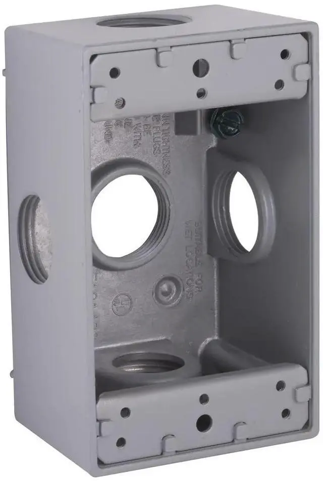 Main image of Hubbell-5332-0 Weatherproof Electrical Box, 1 Gang, 18.3 Cu-in, 4-1/2 in L X 2-3/4 in W X 2 in D, 3/4 Inch, Gray