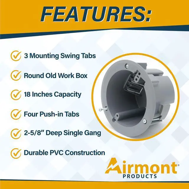 Alt view image 3 of 7 - (Pack of 1) 4'' Old Work Round Electrical Box, One-Gang Grey PVC Junction Box, 18 Inch Capacity, Round Ceiling Remodel Box with Built-in Mounting Tabs, Three Mounting Wings, 2-Hour Fire Rated Walls