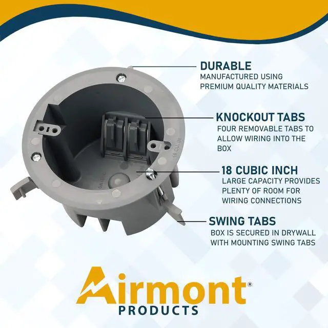 Alt view image 5 of 7 - (Pack of 1) 4'' Old Work Round Electrical Box, One-Gang Grey PVC Junction Box, 18 Inch Capacity, Round Ceiling Remodel Box with Built-in Mounting Tabs, Three Mounting Wings, 2-Hour Fire Rated Walls