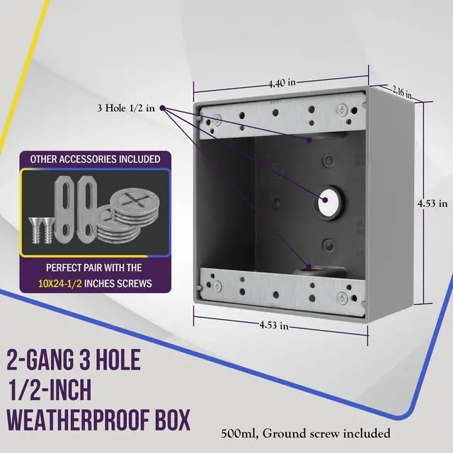 Alt view image 2 of 7 - Weatherproof Outlet Box with Three 1/2-in Threaded Outlets, Outdoor Electrical Box, 3 Holes 0.50 Each, 2-Gang, 4.53 Height x 4.53 Length x 2.16 Depth, EN2350,Grey