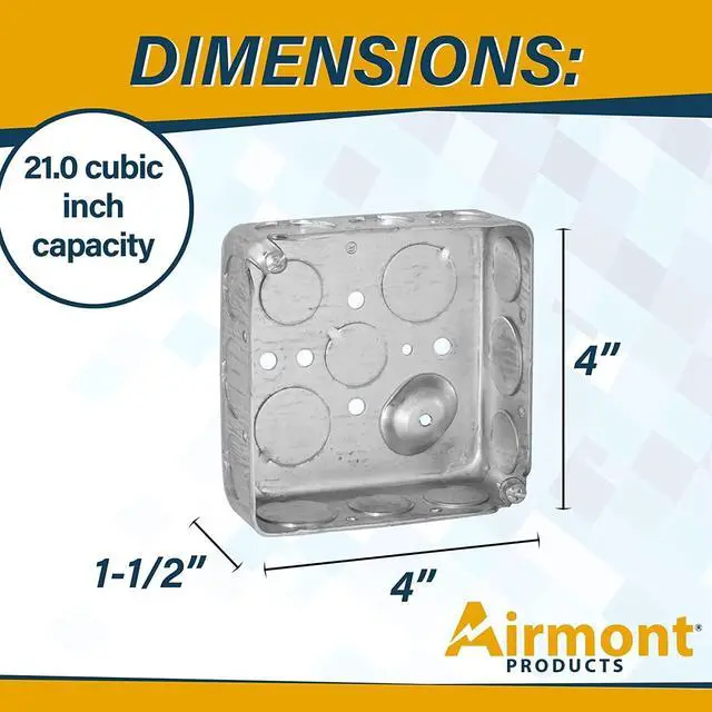 Alt view image 2 of 7 - 4x4 Metal Junction Box & Cover Kit, 4 Inch Square Electrical Box with Blank Cover, Drawn Metal Box, Steel Electrical Junction Box, Flat Blank J Box Cover, 1-1/2" Deep, 21 Cu in