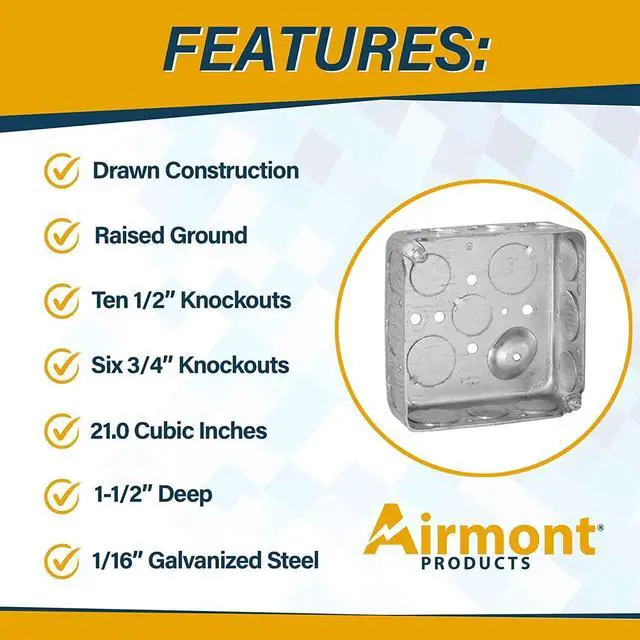 Alt view image 5 of 7 - 4x4 Metal Junction Box & Cover Kit, 4 Inch Square Electrical Box with Blank Cover, Drawn Metal Box, Steel Electrical Junction Box, Flat Blank J Box Cover, 1-1/2" Deep, 21 Cu in