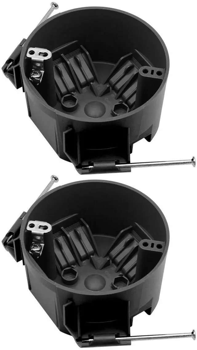 Main image of New Work 4" Dia Round Ceiling Nail Electrical Black Box 1-Gang, Home Improvement PVC Electrical Junction Black Box, ETL Listed, 20 Cubic Inch, Suitable for Residential Renovation(2 Pack)