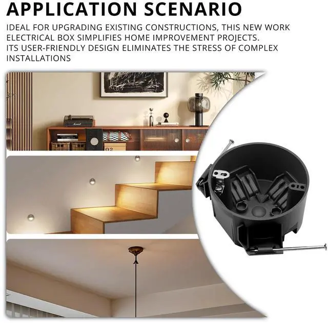Alt view image 3 of 6 - New Work 4" Dia Round Ceiling Nail Electrical Black Box 1-Gang, Home Improvement PVC Electrical Junction Black Box, ETL Listed, 20 Cubic Inch, Suitable for Residential Renovation(2 Pack)
