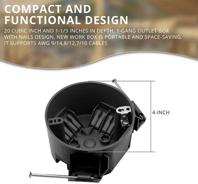Alt view image 4 of 6 - New Work 4" Dia Round Ceiling Nail Electrical Black Box 1-Gang, Home Improvement PVC Electrical Junction Black Box, ETL Listed, 20 Cubic Inch, Suitable for Residential Renovation(2 Pack)