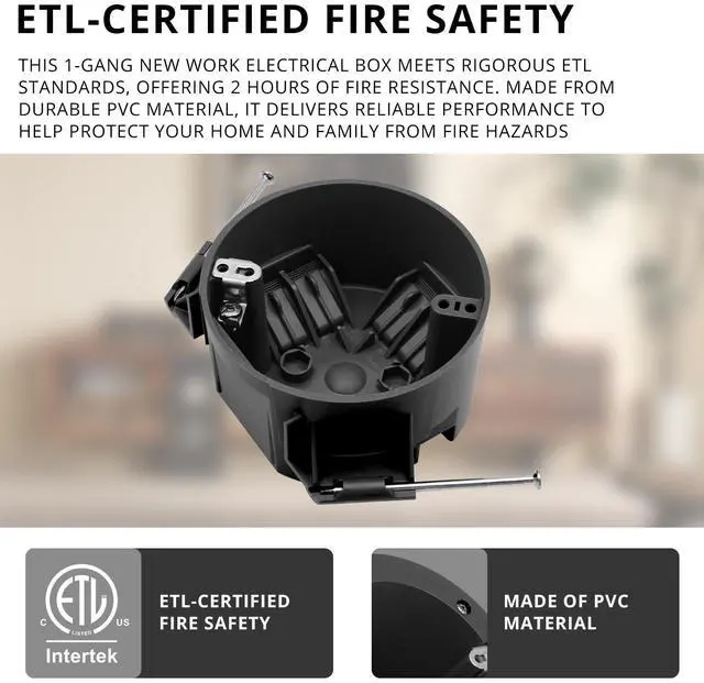 Alt view image 6 of 6 - New Work 4" Dia Round Ceiling Nail Electrical Black Box 1-Gang, Home Improvement PVC Electrical Junction Black Box, ETL Listed, 20 Cubic Inch, Suitable for Residential Renovation(2 Pack)
