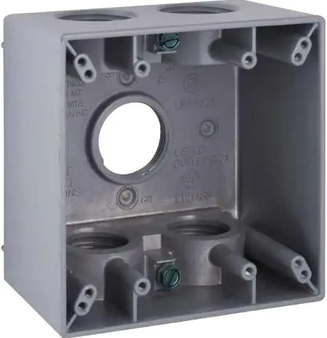Main image of 5388-0 2-Gang Weatherproof Deep Box with Five 3/4-in. Threaded Outlets (Gray), Weatherproof Box for Outdoor Branch Circuit Wiring, Outdoor Junction Box for Outlet, Switch, or GFCI