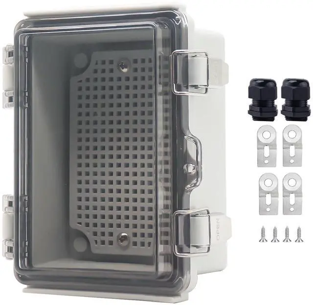 Main image of Waterproof Junction Box, ABS Plastic Electrical Box with Stainless Steel Latch, Hinged Cover Electric Project Enclosure Box with Mounting Plate, Wall Brackets & Cable Gland 5.9"x3.9"x2.8"