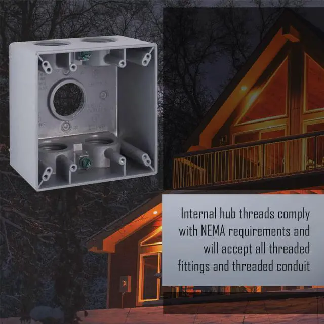 Alt view image 7 of 7 - 5388-0 2-Gang Weatherproof Deep Box with Five 3/4-in. Threaded Outlets (Gray), Weatherproof Box for Outdoor Branch Circuit Wiring, Outdoor Junction Box for Outlet, Switch, or GFCI