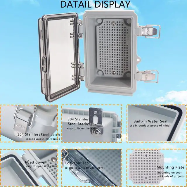 Alt view image 3 of 6 - Waterproof Junction Box, ABS Plastic Electrical Box with Stainless Steel Latch, Hinged Cover Electric Project Enclosure Box with Mounting Plate, Wall Brackets & Cable Gland 5.9"x3.9"x2.8"