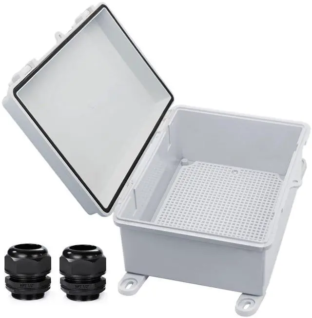Main image of Waterproof Outdoor Electrical Box Junction Box Weatherproof IP67 ABS Plastic Enclosure Switch Router Project Box with Mounting Plate with Wall Bracket 2 Cable Gland Grey 8.7"x6.7"x4.3"