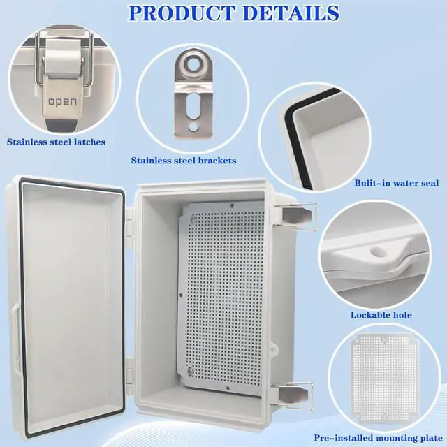 Alt view image 3 of 6 - Waterproof Electrical Box, IP67 Junction Box Stainless Steel Latch Hinged Grey Cover Project Enclosure with Wall Bracket 11.1"x7.5"x5.5"