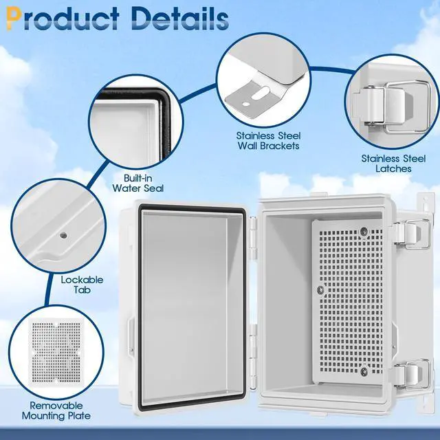 Alt view image 3 of 7 - Waterproof Outdoor Project ABS Plastic Junction Box IP67 Weatherproof Dustproof Enclosure with Hinged Cover, Mounting Plate,Wall Brackets for Power Project (8.7"X6.7"X4.5")