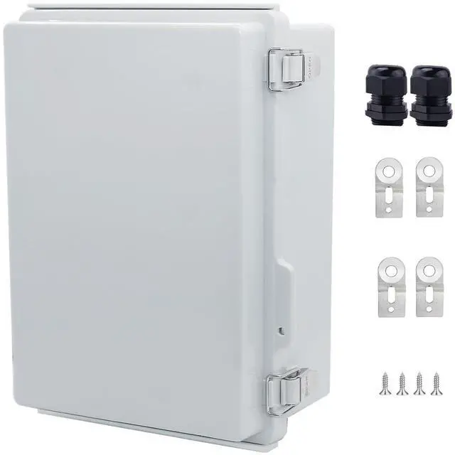 Main image of IP67 Waterproof Junction Box, ABS Plastic Electrical Enclosure with Stainless Steel Latch, Hinged Cover Electric Box with Mounting Plate, Wall Brackets & Cable Glands 280x190x130mm
