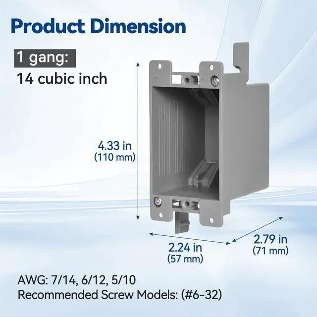 Alt view image 5 of 7 - Old Work Box 1 Gang, 14 CU. in. Drywall Electrical Box, PVC, UL Listed, 6 Pack