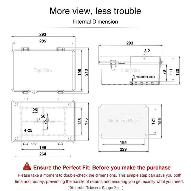 Alt view image 6 of 7 - Junction Box IP67 Waterproof Plastic Electrical Enclosure Outdoor Weatherproof Project Electric Box with Mounting Plate, Wall Brackets, Hinged Grey Cover 11.2"x7.7"x5.1"