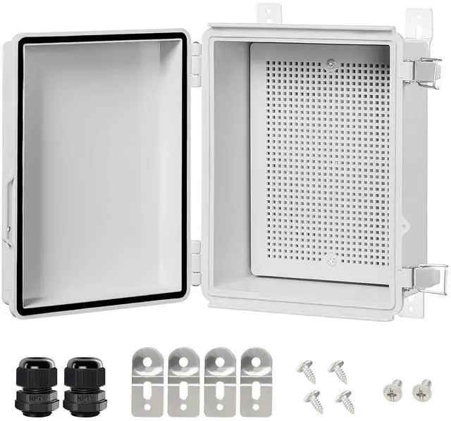 Main image of Electrical Box, IP67 Waterproof Hinged Cover Stainless Steel Latch Junction Box, ABS Plastic Electrical Enclosure with Mounting Plate,Wall Brackets, Cable Glands,8.7"x6.7"x4.3",Grey