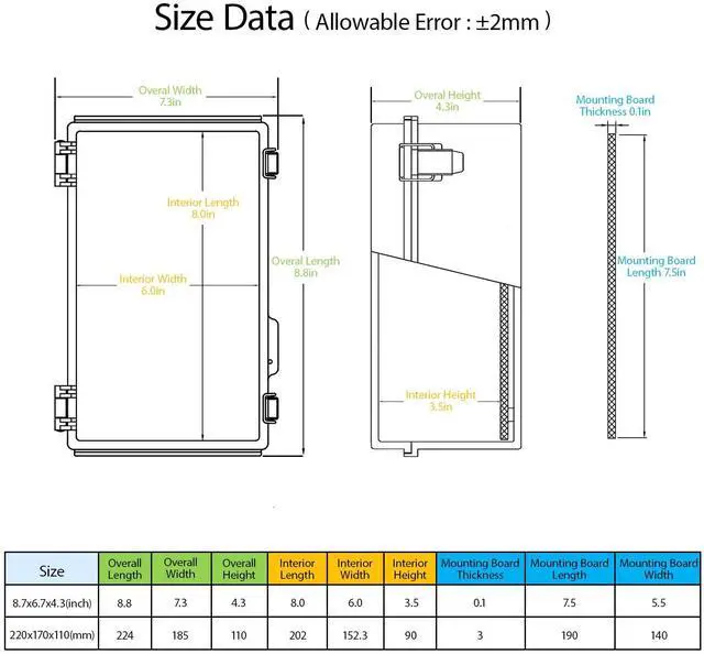 Alt view image 2 of 7 - Electrical Box, IP67 Waterproof Hinged Cover Stainless Steel Latch Junction Box, ABS Plastic Electrical Enclosure with Mounting Plate,Wall Brackets, Cable Glands,8.7"x6.7"x4.3",Grey