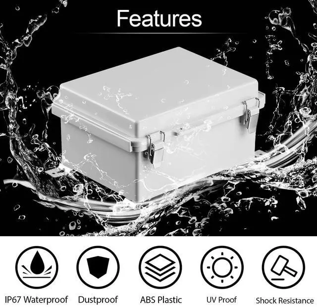 Alt view image 3 of 7 - Electrical Box, IP67 Waterproof Hinged Cover Stainless Steel Latch Junction Box, ABS Plastic Electrical Enclosure with Mounting Plate,Wall Brackets, Cable Glands,8.7"x6.7"x4.3",Grey
