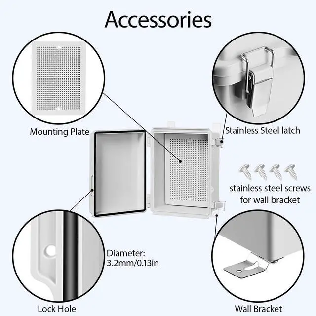 Alt view image 4 of 7 - Electrical Box, IP67 Waterproof Hinged Cover Stainless Steel Latch Junction Box, ABS Plastic Electrical Enclosure with Mounting Plate,Wall Brackets, Cable Glands,8.7"x6.7"x4.3",Grey