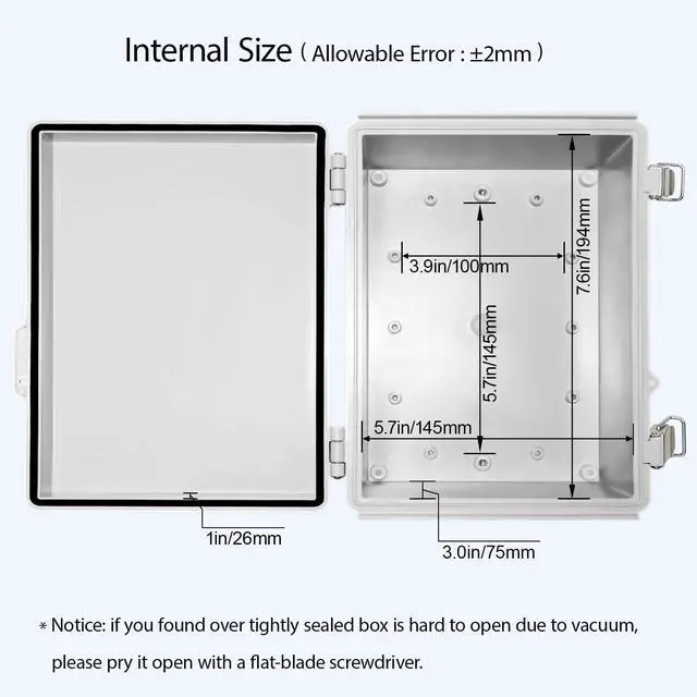 Alt view image 5 of 7 - Electrical Box, IP67 Waterproof Hinged Cover Stainless Steel Latch Junction Box, ABS Plastic Electrical Enclosure with Mounting Plate,Wall Brackets, Cable Glands,8.7"x6.7"x4.3",Grey