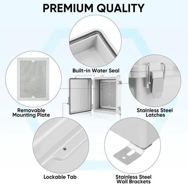 Alt view image 4 of 7 - Outdoor Electrical Box Waterproof, Junction Box IP67 ABS Plastic Enclosure with Hinged Cover with Mounting Plate, Wall Brackets, Cable Glands (Off-White, 8.7"x6.7"x4.3")