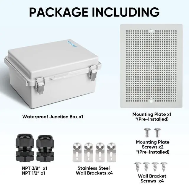 Alt view image 6 of 7 - Outdoor Electrical Box Waterproof, Junction Box IP67 ABS Plastic Enclosure with Hinged Cover with Mounting Plate, Wall Brackets, Cable Glands (Off-White, 8.7"x6.7"x4.3")