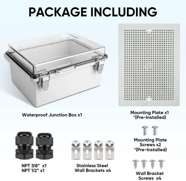 Alt view image 5 of 7 - Outdoor Electrical Box Waterproof, Junction Box IP67 ABS Plastic Enclosure with Hinged Cover with Mounting Plate, Wall Brackets, Cable Glands (Clear, 8.7"x6.7"x4.3")