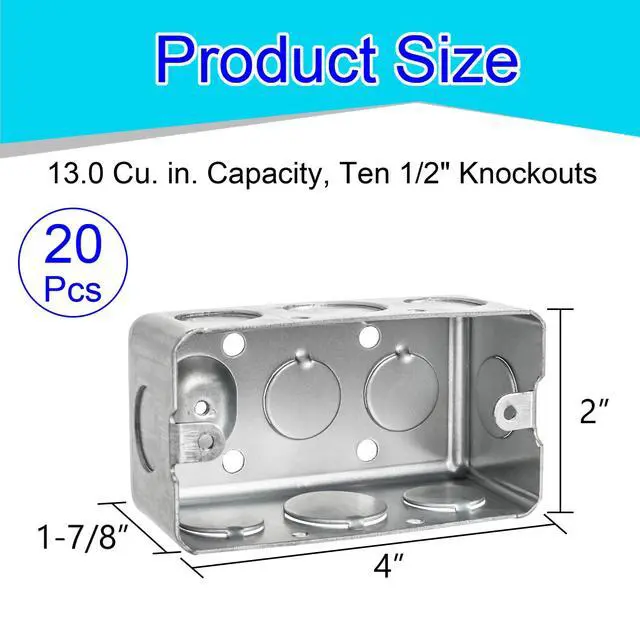 Alt view image 2 of 7 - 20 Pack Metal Electrical Box, 4" x 2" Utility Electrical Box, 1-7/8" Depth Handy Box, Raised Ground,13 Cu. in. Capacity Square Electrical Junction Box, Galvanized Steel