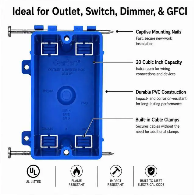 Alt view image 5 of 5 - 12-Pack 20 Cu in Single Gang Electrical Outlet Boxes, Carlon B120A PVC New Work Nail-On Plastic Electrical Box, UL Listed for New Construction