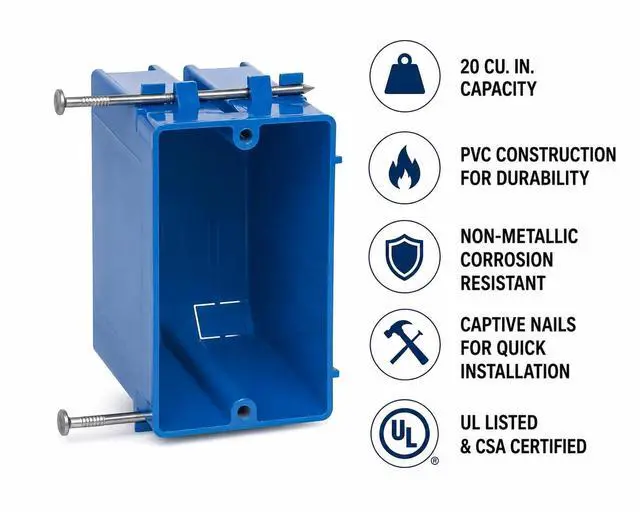 Alt view image 4 of 5 - 12-Pack 20 Cu in Single Gang Electrical Outlet Boxes, Carlon B120A PVC New Work Nail-On Plastic Electrical Box, UL Listed for New Construction
