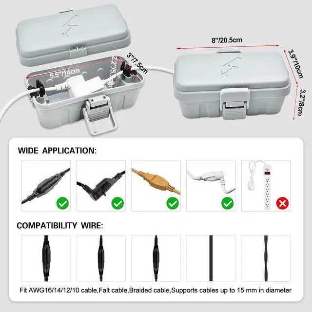 Alt view image 2 of 7 - 3PCS Small Weatherproof Electrical Connection Box(Inner 5.5x3x2.2inch),Outdoor Electrical Box,Waterproof Extension Cord Covers for Plug, Extension Cables, Holiday Lights,Grey