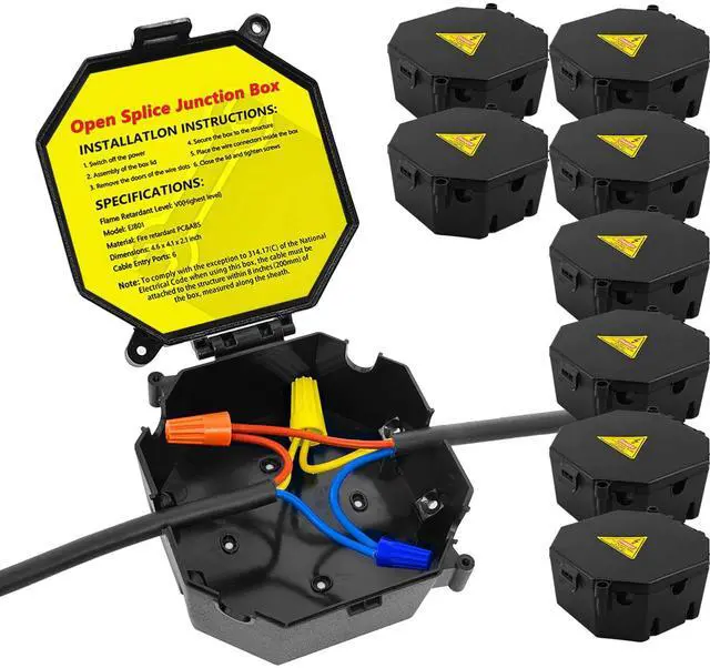 Main image of Black Open Splice Junction Box (8 Pack), Wire Electrical Junction Box Splice Box with Cover V0 Flame Retardant Rating(Highest Level)