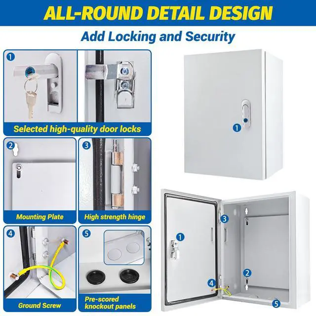 Alt view image 4 of 7 - Electrical Box 12 x 10 x 6'' Steel Electrical Junction BoxNEMA 4X Steel Enclosure BoxIndoor&Outdoor Electrical Box Waterproof & DustproofWall Mounted Universalwith Lock & Mounting Plate