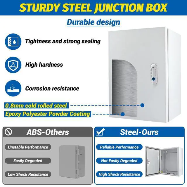 Alt view image 5 of 7 - Electrical Box 12 x 10 x 6'' Steel Electrical Junction BoxNEMA 4X Steel Enclosure BoxIndoor&Outdoor Electrical Box Waterproof & DustproofWall Mounted Universalwith Lock & Mounting Plate