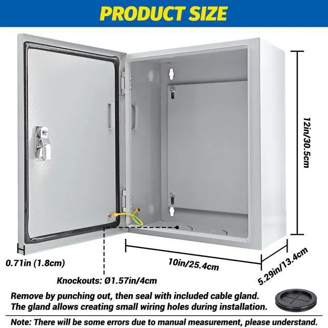Alt view image 7 of 7 - Electrical Box 12 x 10 x 6'' Steel Electrical Junction BoxNEMA 4X Steel Enclosure BoxIndoor&Outdoor Electrical Box Waterproof & DustproofWall Mounted Universalwith Lock & Mounting Plate