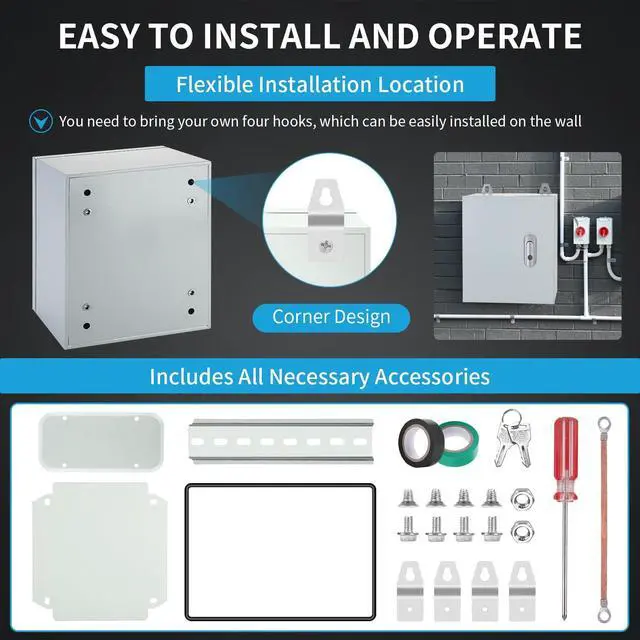 Alt view image 3 of 7 - 16 x 12 x 6'' Steel Electrical Enclosure - Heavy Duty Outdoor Wall-Mounted Junction Box, Weatherproof & Lockable with DIN Rail, Mounting Plate for Industrial, Solar, Machine & Traffic Signal Wiring