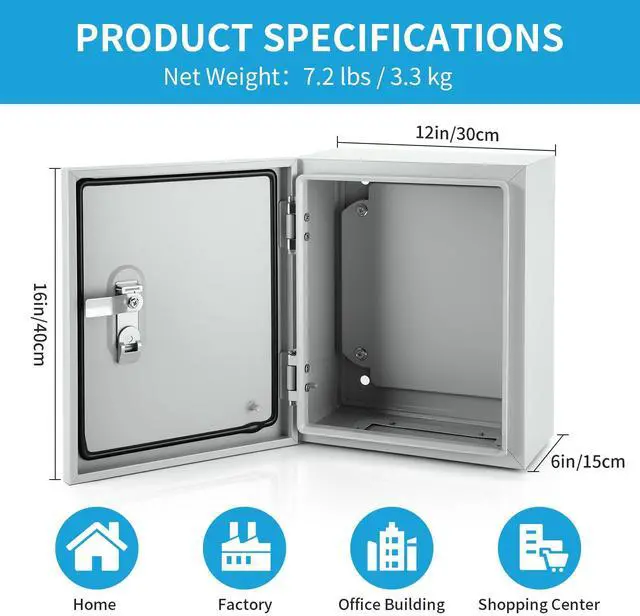 Alt view image 2 of 7 - 16 x 12 x 6'' Steel Electrical Enclosure - Heavy Duty Outdoor Wall-Mounted Junction Box, Weatherproof & Lockable with DIN Rail, Mounting Plate for Industrial, Solar, Machine & Traffic Signal Wiring