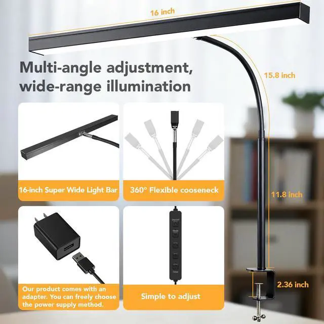 Alt view image 3 of 7 - LED Desk Lamp with clamp, Remote Control Desk Lamp, 5 Color Modes & 10 Brightness Levels, 17'' Wide Light Bar, Eye Caring Gooseneck Desk Light, Adapter Included